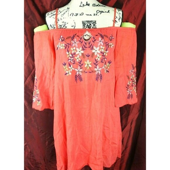 Rebellion Again Coral Boho Embroidered floral cold shoulder‎ shift dress Small - Picture 1 of 9